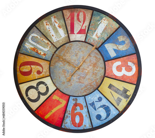 Wall clock on white background. Circle clock white back drop. Face of an antique or vintage clock. Old fashioned watch