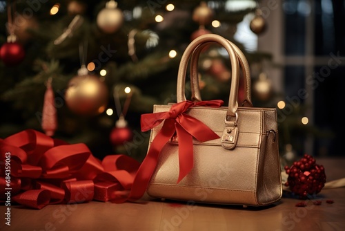 brown luxury woman handbag with red bow gift under Christmas tree as background, fashionable in winter holiday time, Generative Ai