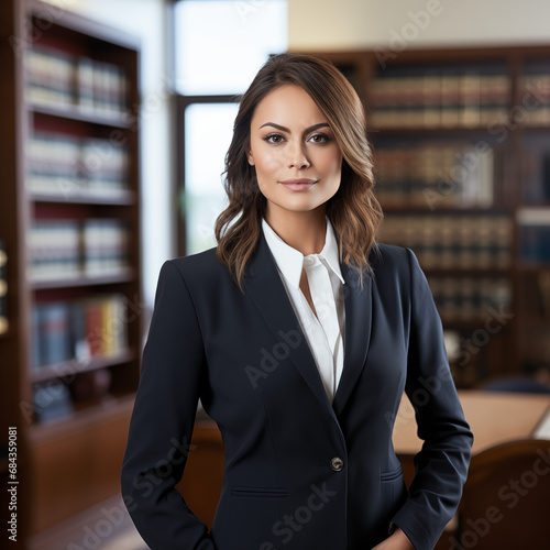 Portrait of a smiling business woman in a law office. Law office, Lawyer, Hispanic woman.