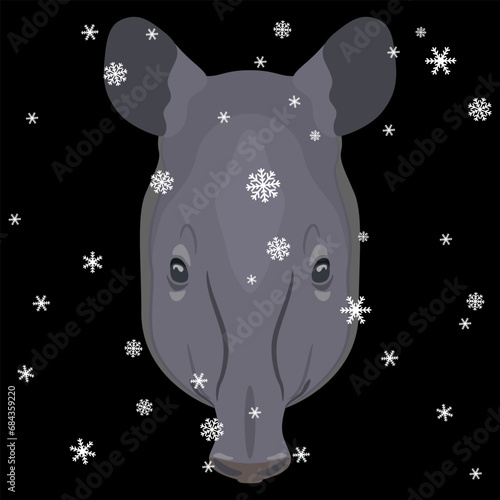 Head of tapir under snowflakes. Seasonal winter animal design. Cartoon style. On black background.