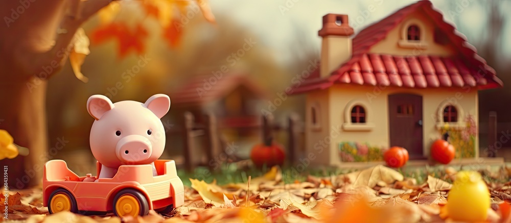 Autumn yard playground with a pig-shaped toy for children's activities. Autumn yard playground with a pig-shaped toy for children's activities.