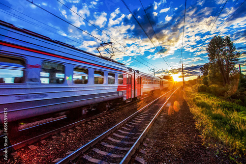 Local train moving and magical sunset in Krasnogorsk - Moscow suburb