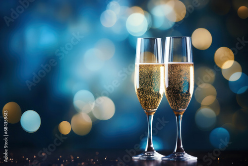 Two Glasses of Champagne on Blue Abstract Background and Defocused Golden Bokeh Lights