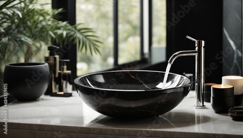 Stylish black marble round vessel sink and chrome faucet. Minimalist interior design of modern bathroom 