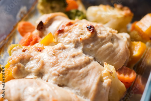 Delicious aromatic dinner chicken fillet meat with vegetables