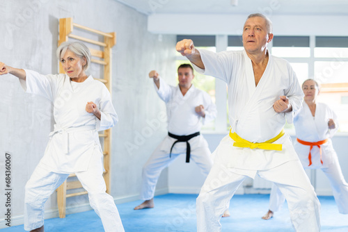 Senior student group attend karate course and perform basic kata movements. Concept of active lifestyle, physical education classes, trendy fashionable sports