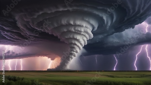 Big tornado with storm and lightning. 4K - 8K - 12K TV. Generative AI. photo