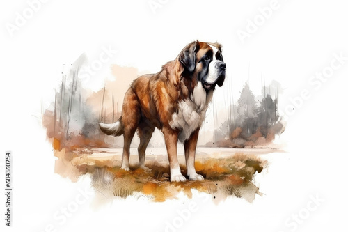 Watercolor illustration of a large St. Bernard dog standing on an autumn swamp