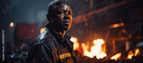 Fatigued African American male worker in safety gear, using shovel to move coal at metal factory.