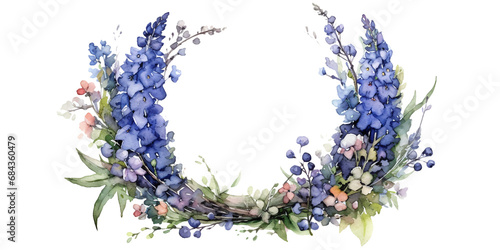 blue delphinium flower arrangement in watercolor design isolated on transparent background photo