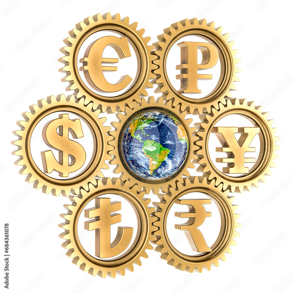 World currency, concept. Earth Globe with currency gears around, 3D rendering isolated on transparent background World currency, concept. Earth Globe with currency gears around, 3D rendering isolated on transparent background