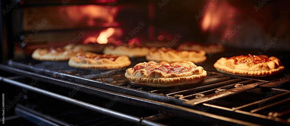 Close-up of homemade pies baking on a sheet in the oven Close-up of homemade pies baking on a sheet in the oven