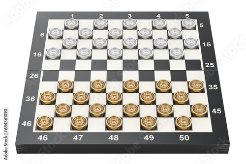 International draughts game board and metallic pieces. 3D rendering isolated on transparent background photo