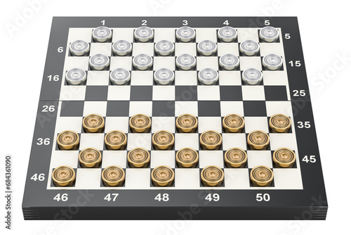 Konstfotografi International draughts game board and metallic pieces