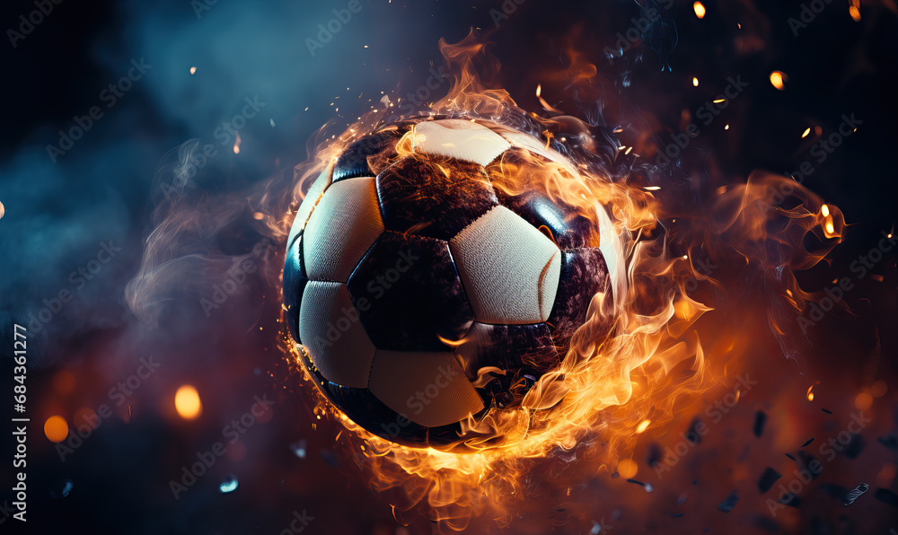 Fototapeta premium Burning soccer ball on a dark abstract background.