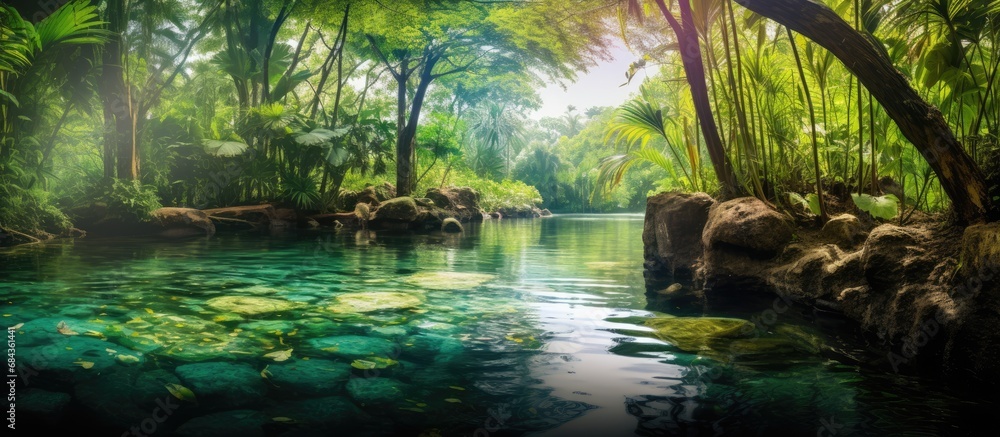 tropical park, amidst the luscious green forests and vibrant spring blooms, one cant help but feel the soothing embrace of natures symphony, as the water sparkles against the lush green landscape - obrazy, fototapety, plakaty 