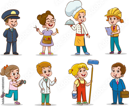 Cartoon happy children in different professions. Vector illustration.