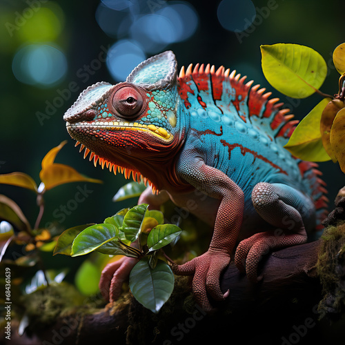 A colorful chameleon sits on a tree branch.