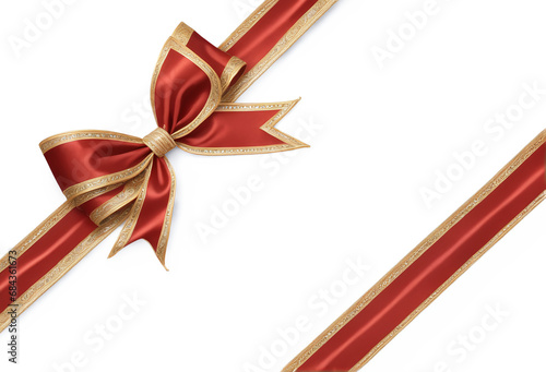 red ribbon and bow with gold led diagonally through the image  isolated against transparent background