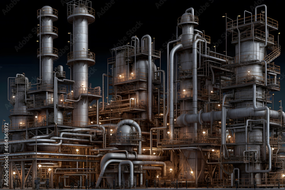 Close up industrial view,A equipment of oil refining, Oil and gas refinery area. Neural network AI generated art