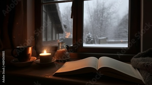 Cozy and chilling time with a book, candle and a hot tea