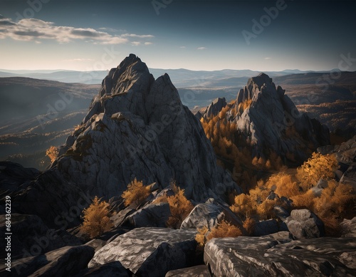 Beautiful cinematic mountain landscape with black marble and granite