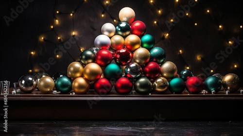 Multi-colored Christmas tree toys are laid out in a pyramid on a table with a dark background; the correct studio lighting is used as a composition 