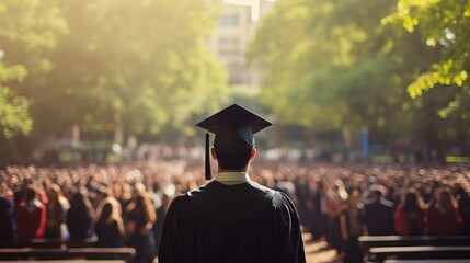 Graduate in his cap and gown walking at his graduation ceremony