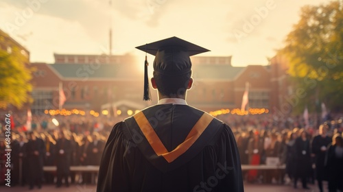 Graduate in his cap and gown at his graduation ceremony photo