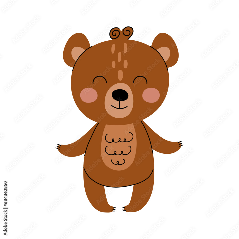 Cute cartoon brown bear in flat style with doodle elements. Forest animals in scandinavian style. Baby print. Cute character. Cute cartoon brown bear in flat style with doodle elements. Forest animals in scandinavian style. Baby print. Cute character.