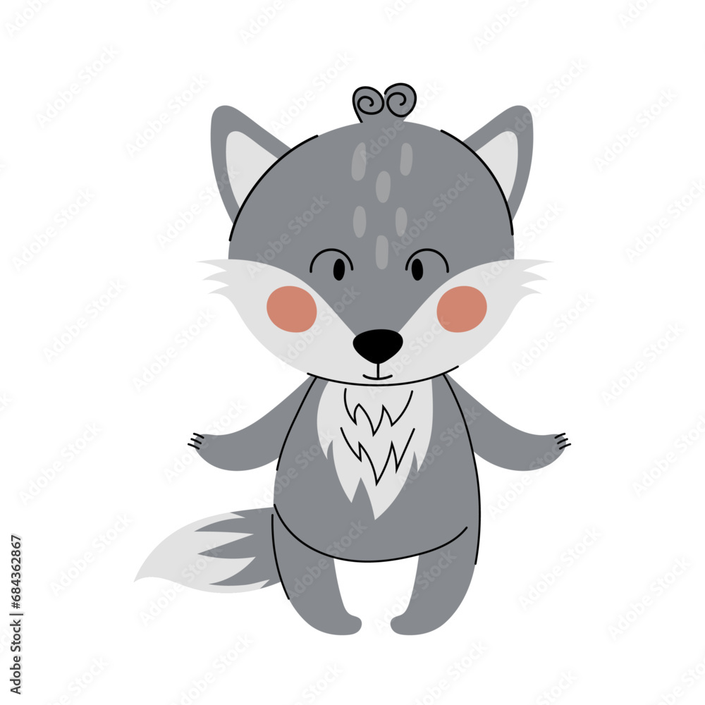 Fototapeta premium Cute cartoon gray wolf in flat style with doodle elements. Forest animals in scandinavian style. Baby print. Cute character.