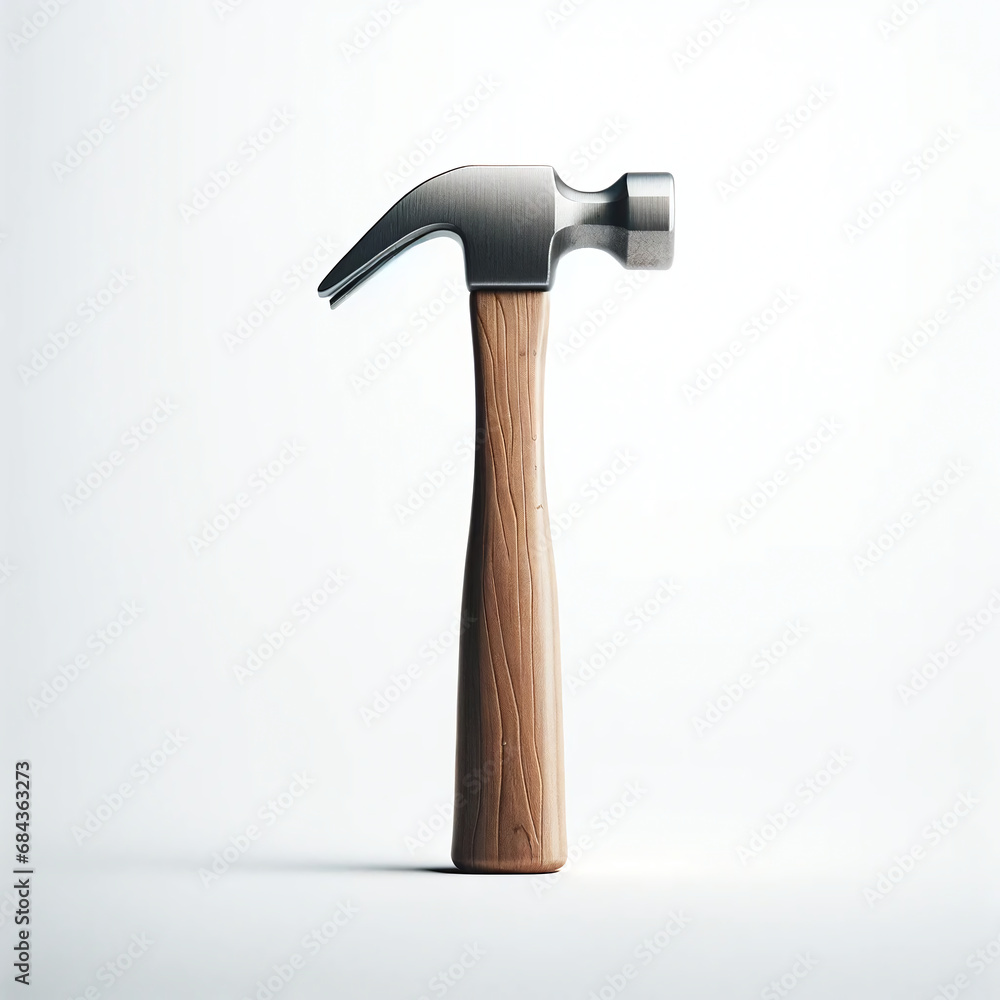 A neatly presented hammer with a wooden handle and metal head, isolated on a stark white background, emphasizing its simplicity and clarity - obrazy, fototapety, plakaty 