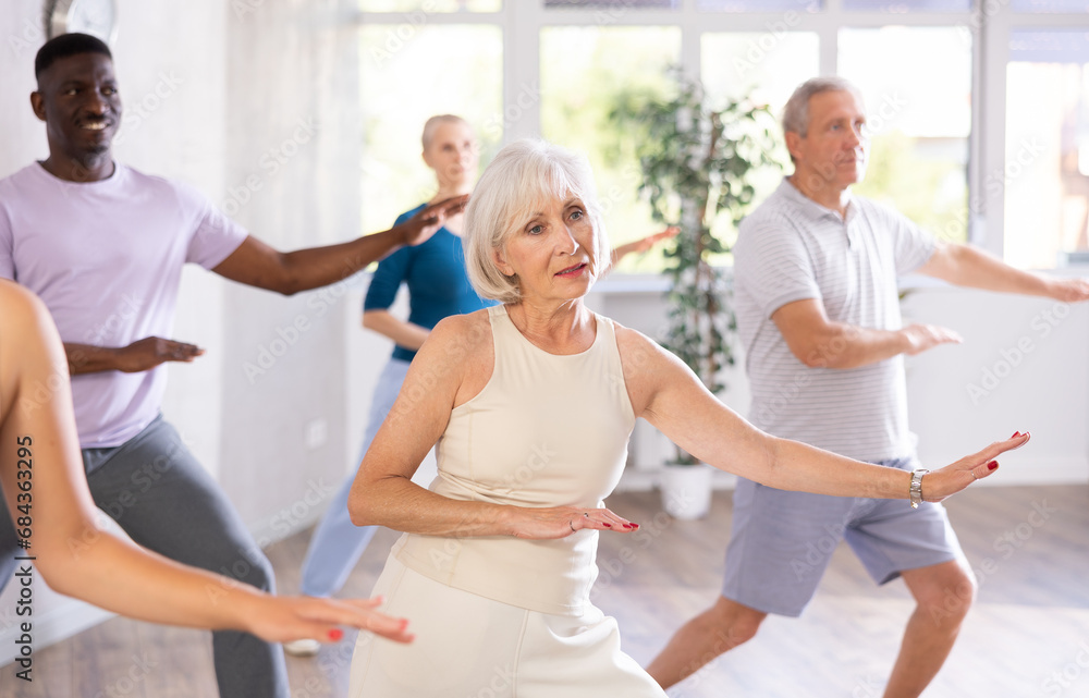 Obraz premium Elderly woman and mature students are engaged in dance class or fitness room with active jazz music. Hobby, healthy lifestyle concept