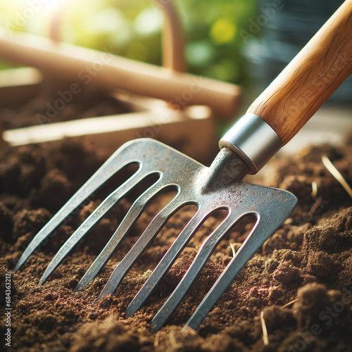 A photo of a sturdy garden fork with a wooden handle and metal prongs, placed outdoors, highlighting its durability for soil aeration and cultivation photo