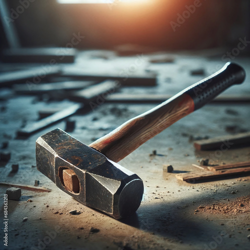 A photo of a heavy-duty sledgehammer with a long wooden handle and large metal head, placed on concrete, showcasing its strength for demolition photo