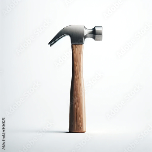 A neatly presented hammer with a wooden handle and metal head, isolated on a stark white background, emphasizing its simplicity and clarity photo