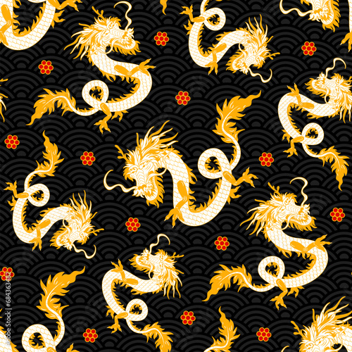 Chinese, Japanese Asian style golden dragon and red flowers seamless pattern, poster, card, background design. Chinese new year, Year of the dragon 2024
