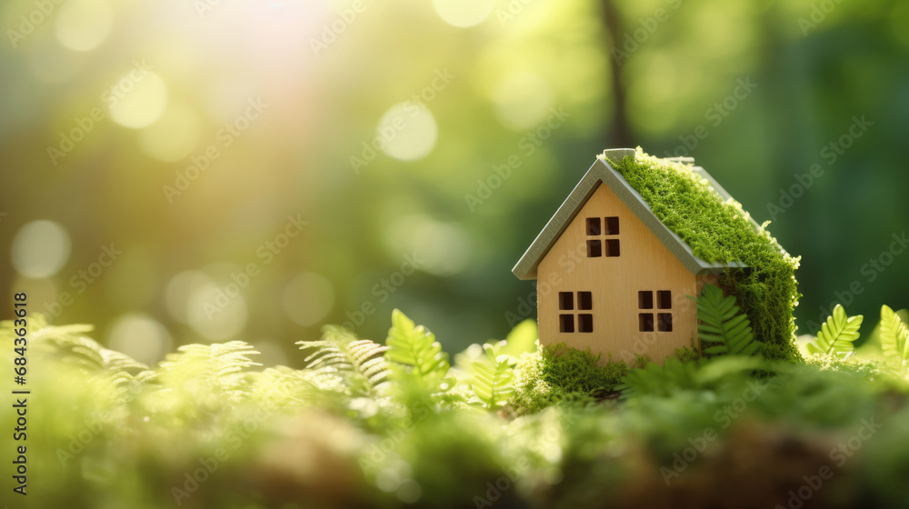 Miniature eco toy house background in green environment with free place for text. Young family, real estate industry