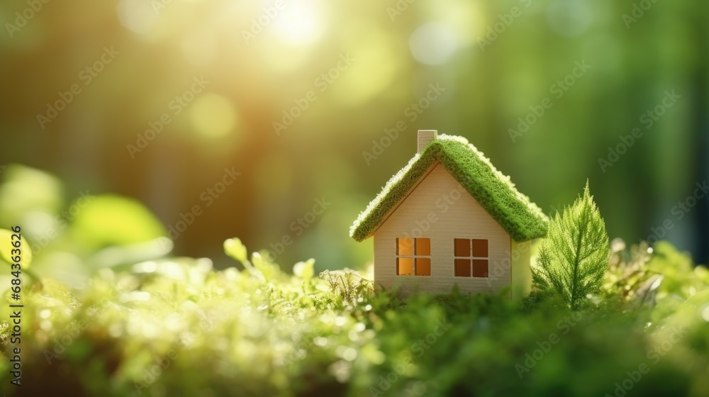 Miniature eco toy house background in green environment with free place for text. Young family, real estate industry Miniature eco toy house background in green environment with free place for text. Young family, real estate industry