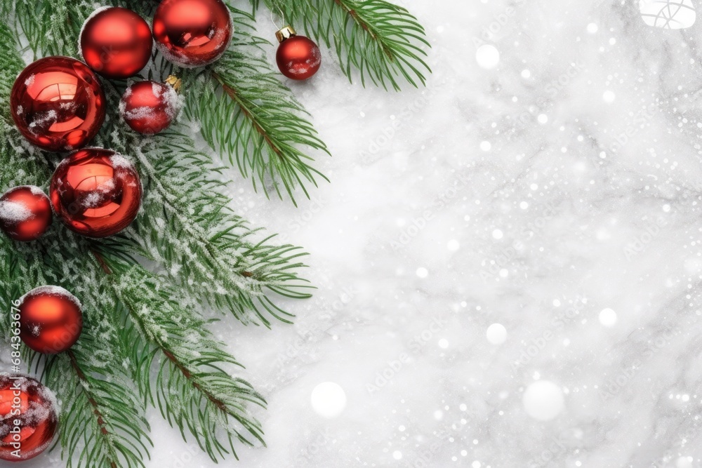 Christmas background with fir branches, red balls and snow on white wooden table. The concept of Christmas Christmas background with fir branches, red balls and snow on white wooden table. The concept of Christmas