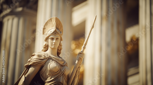 Ancient Greek goddess Athena Pallas statue in front of the Parthenon. Marble woman in helmet sculpture.