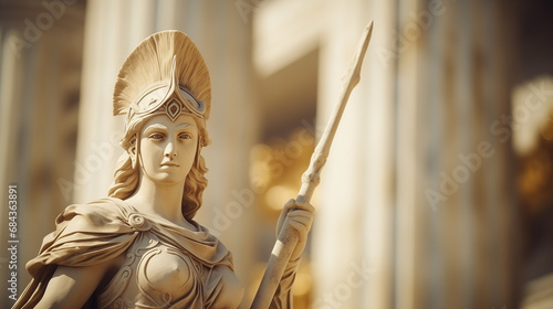 Ancient Greek goddess Athena Pallas statue in front of the Parthenon. Marble woman in helmet sculpture. photo