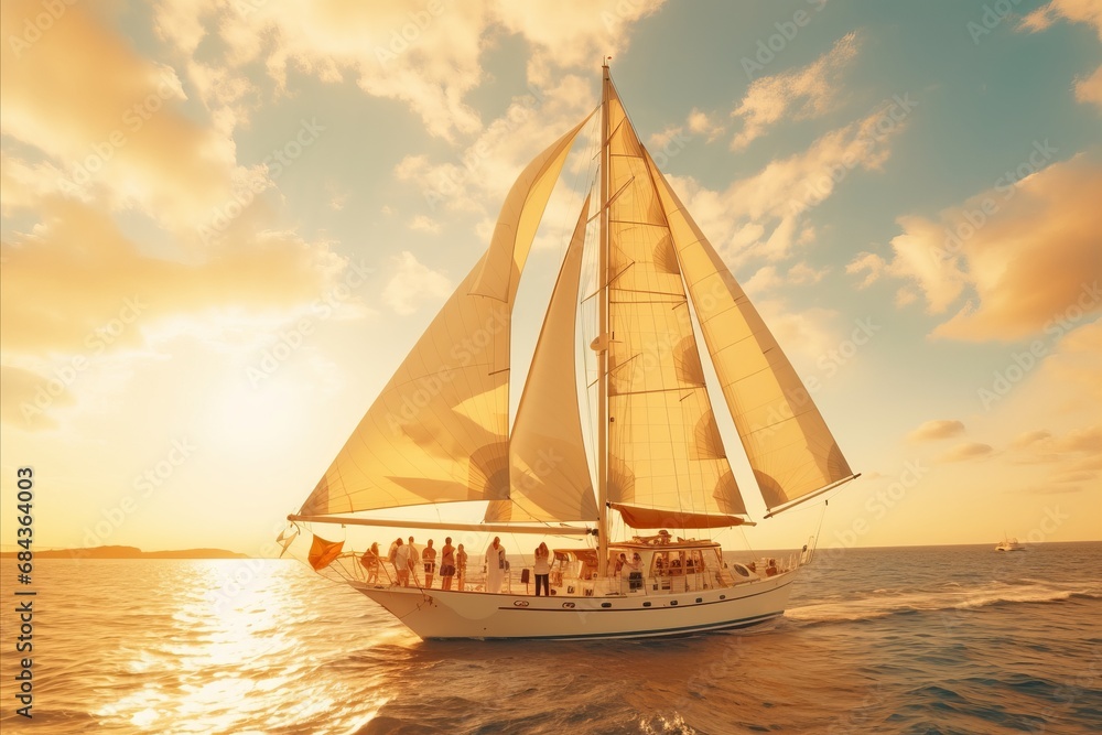 Luxury Yacht Getaway. Friends Delighting in Sunset Sail, Embarking on Unforgettable Vacation Journey