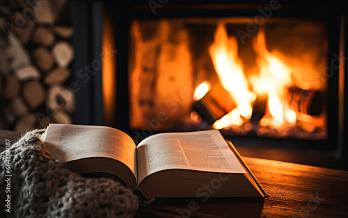 Open book near a burning fireplace in a cozy home, autumn vibe concept