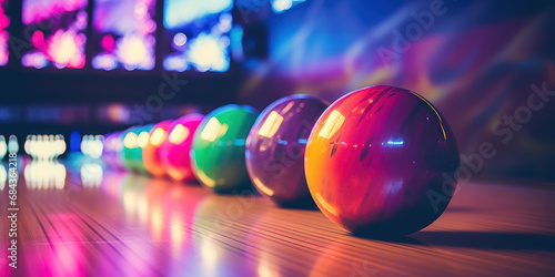 row of colorful bowling balls on a lane, contrasting with the vibrant neon lights of the alley photo