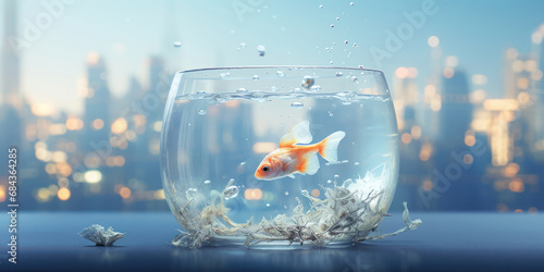 goldfish swims in a bowl, set against a backdrop of a dreamlike underwater cityscape, bathed in soft blue light
