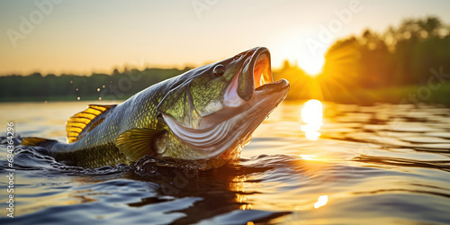 close-up portrait of a bass with its mouth open, set against the sparkling backdrop of a sunlit lake
