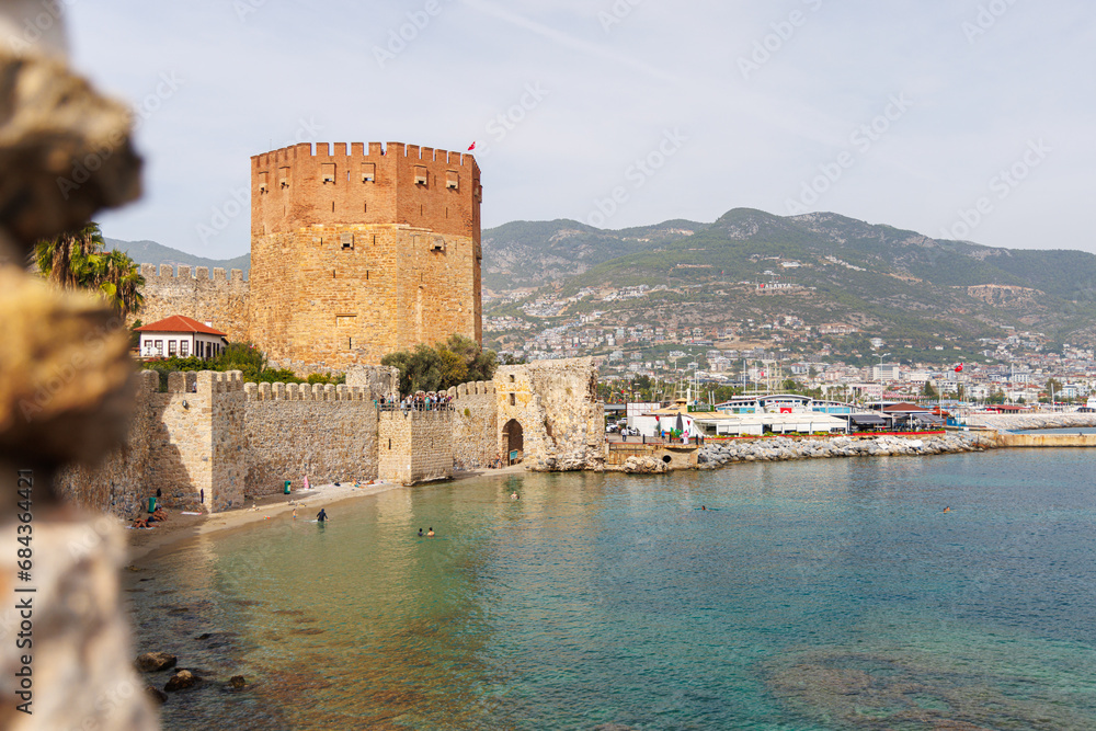 View from the wall to the Red Tower, Alanya, Turkey.