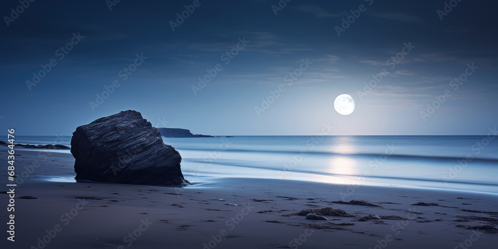 The peacefulness of a beach captured in a long exposure, with a rock standing under the soft light of a moonlit night - obrazy, fototapety, plakaty 