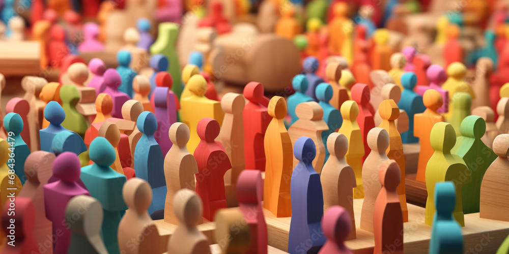 Obraz premium Wooden figures in bright colors, representing a bustling crowd in a market scene